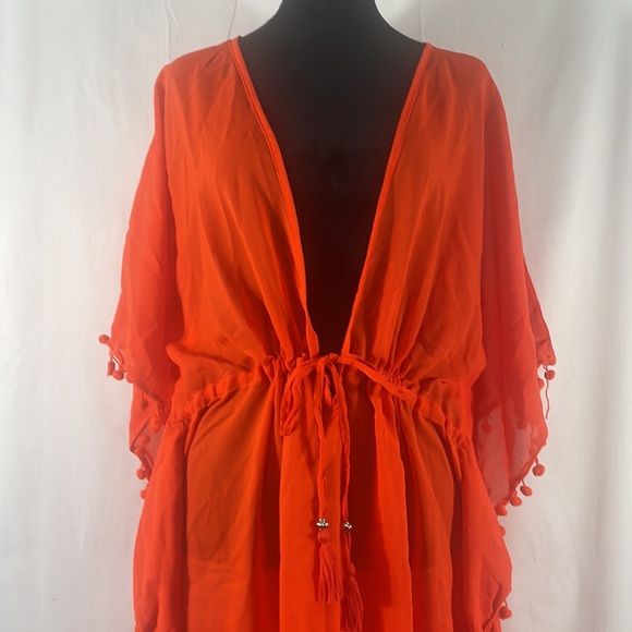 Orange Bathingsuit cover,Tunic,Sheer, Vneck,Adjustable tie waist,Tassels, XL - Picture 2 of 9